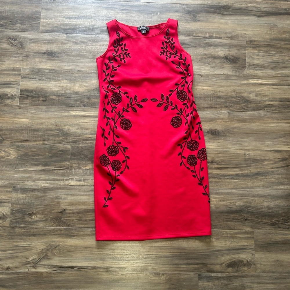 Red midi dress with black beading